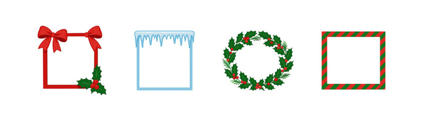 Fototapeta premium Festive holiday frames with red bows, holly wreath, icicles, and candy cane stripes