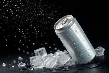 Empty aluminum can with flying ice cubes and splash, isolated on black plain background