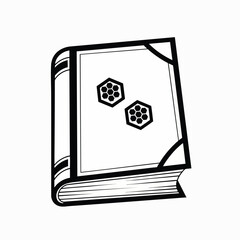 Illustration of a book with atom icons. This graphic represents information about biotechnology, science, and education. Use it for learning material, scientific research, or publications