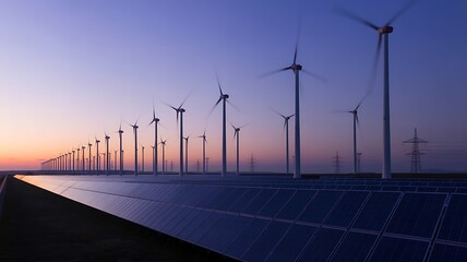 Wind turbines and solar panels at sunset renewable energy