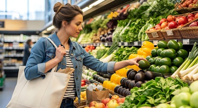 Young woman selecting fresh avocado in the vibrant produce section of a modern grocery store, emphasizing a commitment to healthy eating and a balanced lifestyle - Powered by Adobe