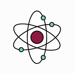 Simple flat design illustration of an atom, with a central nucleus and orbiting electrons. This vector graphic is perfect for education, research, and explaining physics, chemistry, and biotechnology