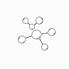 This minimalist line art illustration depicts abstract molecular structures, each representing an atom or a cluster of atoms connected by bonds