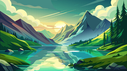 Obraz premium Serene lake lies surrounded by lush green mountains, bright cloudy sky glowing gently above, reflections shimmer quietly, peaceful New Zealand scenery whispering harmony, timeless beauty unfolding gra