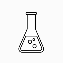 Vector line art icon of a conical flask with liquid and bubbles, symbolizing a scientific experiment. It represents chemistry, biology, and biotechnology research