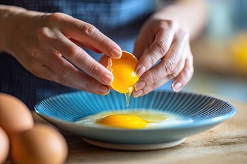 Woman cracking egg in kitchen, yolk drips, eggs in background, baking prep