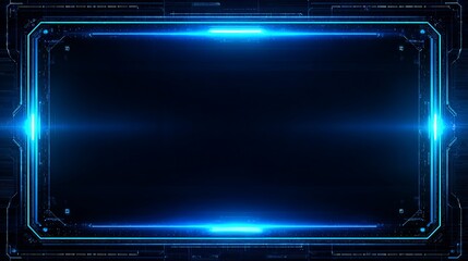 Glowing blue futuristic frame with complex circuitry and dark center space