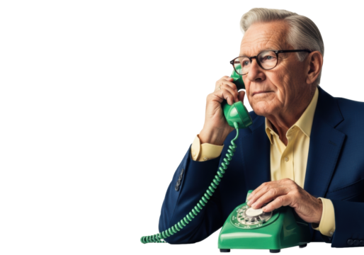 Elderly caucasian man, 70s-80s, distinguished, in a navy suit, holding retro emerald green rotary phone, thoughtful, against a transparent studio background. Nostalgic wisdom concept - Powered by Adobe