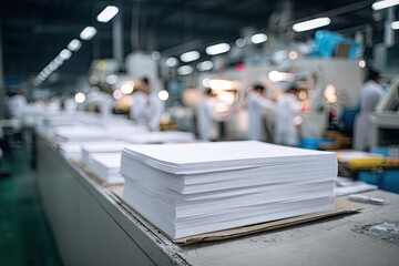 Obraz premium Paper stack, factory conveyor belt, printing, industry background