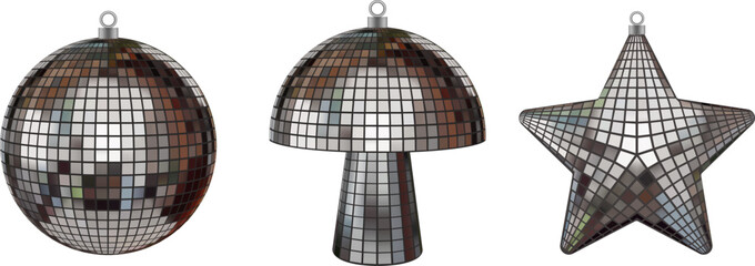 isolated disco ball christmas decorations. ball, mushroom and star shaped ornaments. christmas baubles
