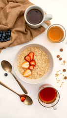 Healthy breakfast oatmeal with strawberries and juice