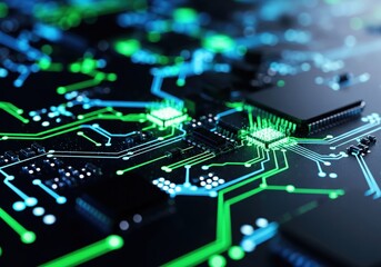 Obraz premium Digital innovation and the future of computing on a glowing integrated circuit board
