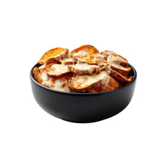 Delicious Baked Sweet Potato Chips with Melted Cheese in a Black Bowl