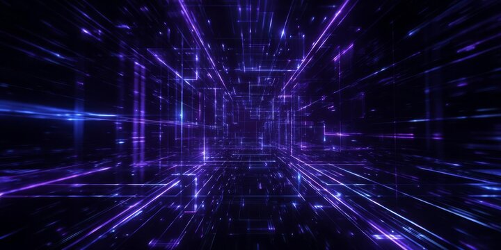 A vibrant digital tunnel glowing in shades of blue and purple creating a sense of speed and depth in a virtual world