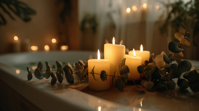 Relaxing candles illuminate serene bathroom setting, creating tranquil atmosphere. Soft light reflects off tub, enhancing peaceful ambiance with greenery and gentle shadows - Powered by Adobe