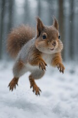 Obraz premium Funny Squirrel Jumping Playfully Through Winter Snow