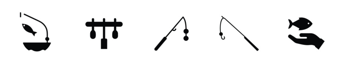 Collection fishing icons showing fish gear hook reel