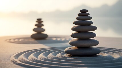 Obraz premium Zen garden with balanced stone stacks and raked sand