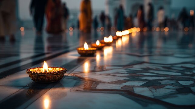 Glowing candles line ornate marble floor, blurred figures in background