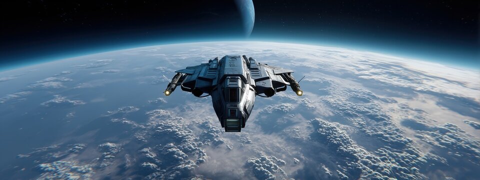 Un vaisseau spatial futuriste, vue de face, volant au-dessus de l'atmosph&egrave;re d'une plan&egrave;te, illustration dans un style cin&eacute;matographique.