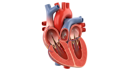 Detailed anatomical illustration of the human heart, showcasing chambers, vessels, and intricate internal structures for medical education