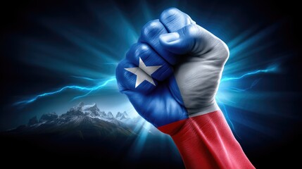 Clenched fist displaying Chilean national flag colors, powerful symbol of strength, unity, and patriotic spirit, set against dramatic mountains and electric light beams.