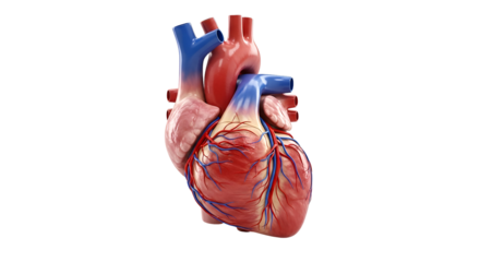 Detailed 3D anatomical illustration of the human heart showcasing veins, arteries, and chambers for medical and educational use