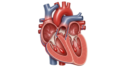 Detailed anatomical illustration of the human heart showcasing chambers, valves, and blood vessels for medical education