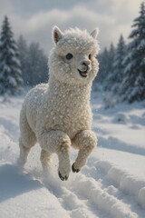 Obraz premium Cute Funny Alpaca Bouncing Happily Through Snow Explosion