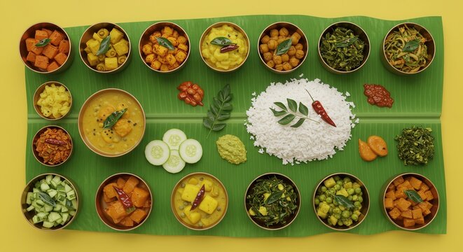 Traditional South Indian Vegetarian Feast on Banana Leaf &ndash; Festive Meal Arrangement 