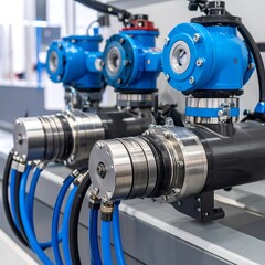 Industrial machinery components in a factory setting. Close-up of blue and gray parts