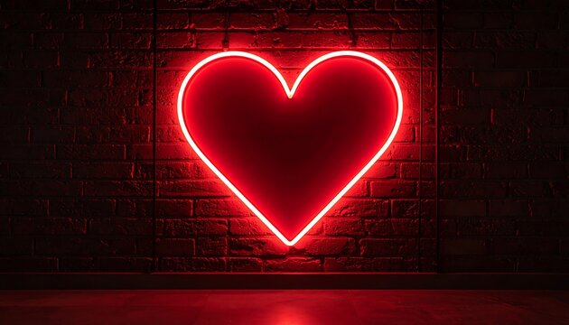 Glowing red heart on dark brick wall - Powered by Adobe