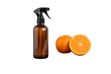 Amber glass spray bottle with fresh orange fruit and its refreshing qualities isolated on a white background, ideal for natural products