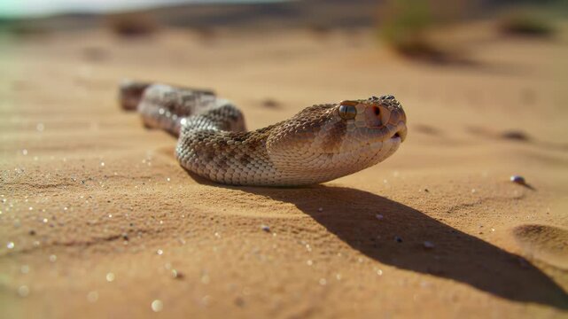 Close-up of Diamondback rattlesnake crawling across sand in desert, dangerous snake, wildlife.