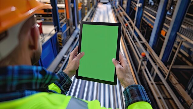 Factory worker uses tablet, green screen, high-bay warehouse