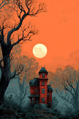 Halloween background. Template for party poster or invitation. Haunted house in the forest.