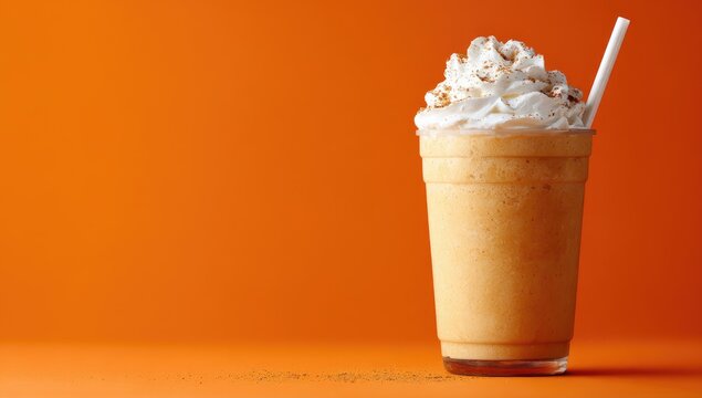 Pumpkin Spice Frappe, autumn drink, orange background, whipped cream, fall season, menu photography