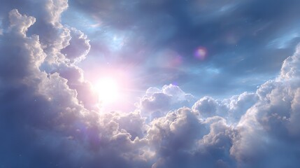 A radiant sun shines brightly through fluffy white clouds in a light blue sky.