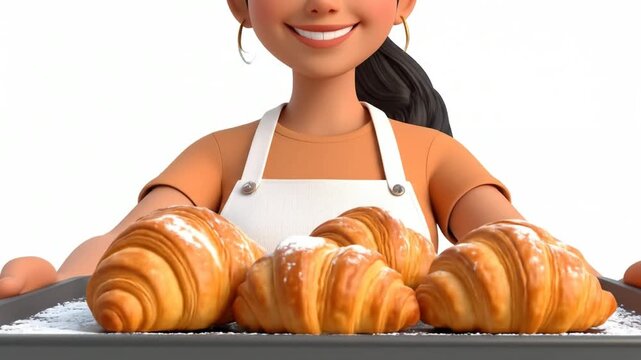 Smiling baker holds tray of croissants
