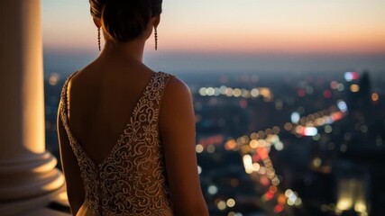 Elegant woman in a stunning gown gazing at a city skyline at sunset, capturing a moment of reflection