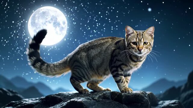 Cat on a rock under a full moon night sky, stars, and mountain background. Adventure, feline, outdoors, exploring, and nocturnal theme.
