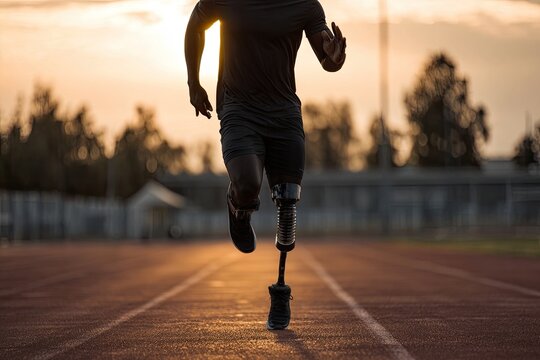 Paralympic runner sprints sunset track, stadium background, athletic competition