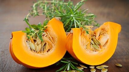 Vibrant Orange Pumpkin Halves with Fresh Herbs and Seeds on Rustic Wood