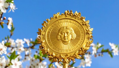 Obraz premium Golden medallion with a face, surrounded by floral design, against a spring sky