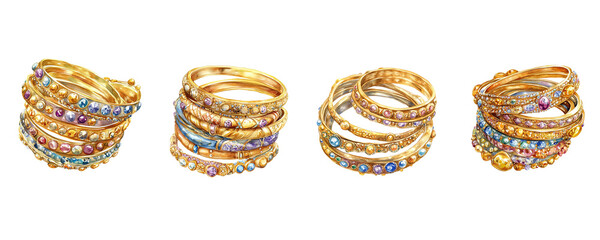 Set of golden bangle bracelets with colorful gemstones and enamel accents. Watercolor illustrations of boho jewelry in vibrant artistic style. PNG format.