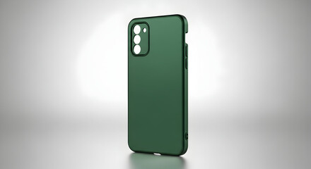 A close up of a dark green phone case standing upright in a studio with a gradient background © MirzaMoaazSAFDER