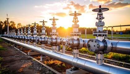 Industrial pipeline valves at sunset