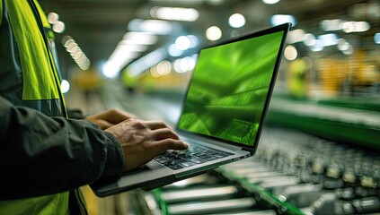Factory worker using laptop, inventory control, warehouse, automated production line