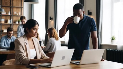 Business colleagues collaborating on laptops during a meeting in a modern office setting - Powered by Adobe