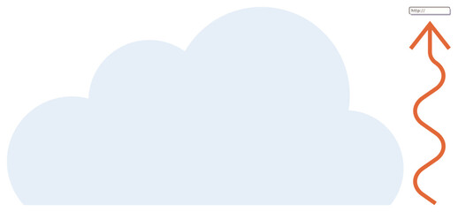Blue cloud shape with a red upward arrow curling toward a URL search bar. Ideal for technology, innovation, cloud storage, internet, digital transformation, growth, connectivity. Simple flat metaphor
